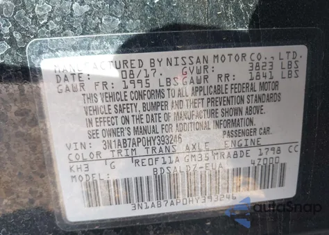 2017 Nissan Sentra Sv z USA, uszkodzony, nr VIN 3N1AB7AP0HY393246